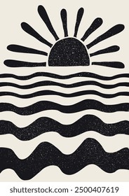 cute, summer collage in retro, grunge style. sun, waves, beach, abstract illustration in a minimalist hand-drawn style. naive art. for print, banner, postcard, card. art vector background.