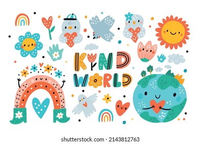 Cute summer collection with earth planet, pigeon, lovely birds, rainbow and flowers. Earth day celebration. Children design elements with cute kind sticker characters. Cartoon vector illustration
