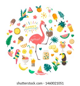 Cute summer composition with food, drinks, palm leaves, fruits and flamingo. Bright summertime poster. Collection of scrapbooking elements for beach party.