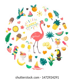 Cute summer composition with food, drinks, palm leaves, fruits and flamingo. Bright summertime poster. Collection of scrapbooking elements for beach party.