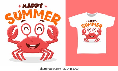 Cute summer crab illustration t-shirt design vector concept.