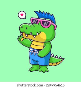 Cute Summer Crocodile Wearing Glasses Cartoon Vector Icon Illustration. Animal Holiday Icon Concept Isolated Premium Vector. Flat Cartoon Style