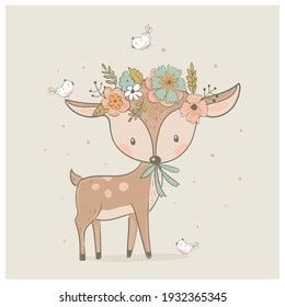 Cute summer deer. Hand drawn vector illustration.