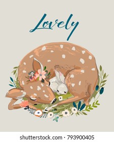 cute summer deer with hare