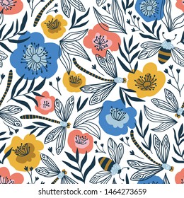 Cute summer design with bumblebee and dragonflies. Vector seamless pattern with flowers and insects.