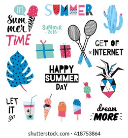 Cute Summer Design Scandinavian Set of Trendy Holiday Summer Elements. Summer Typographic. Vector. Isolated. White Background. Modern Summer Concept. Hawaii, sport, palm, ice cream, pineapple, swim
