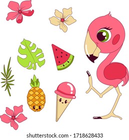 Cute Summer Design Set of Trendy Holiday Elements. Vector. Isolated. White Background. Scandinavian Concept- Hawaii, sport, palm, ice cream, pineapple, flamingo, leaf, candy, cocktail, watermelon