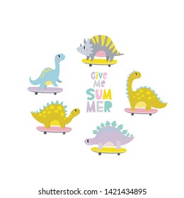 Cute summer dino on a skateboard. cool coloring illustration with dinosaur