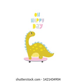 Cute summer dino on a skateboard. cool coloring illustration with dinosaur