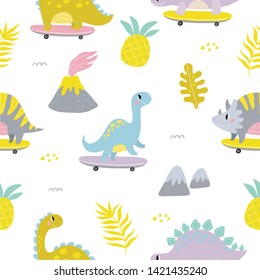 Cute summer dino on a skateboard. cool coloring illustration with dinosaur seamless pattern