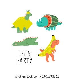Cute summer dinosaur in flat style. Cartoon vector Dino In costume banana, watermelon, lemon