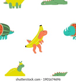 Cute summer dinosaur in flat style. Cartoon vector Dino In costume banana, watermelon, lemon. Seamless pattern