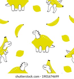 Cute summer dinosaur in flat style. Cartoon vector Dino In costume banana, watermelon, lemon. Seamless pattern