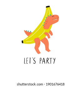 Cute summer dinosaur in flat style. Cartoon vector Dino In costume banana