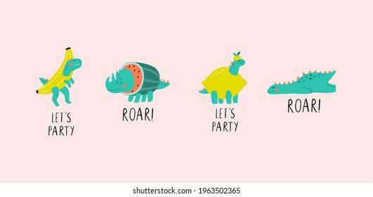 Cute summer dinosaur in flat style. Cartoon vector Dino In costume banana, watermelon, lemon