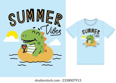 Cute summer dinosaur illustration with tshirt design premium vector the Concept of Isolated Technology. Flat Cartoon Style Suitable for Landing Web Pages,T shirt, Flyers, Stickers