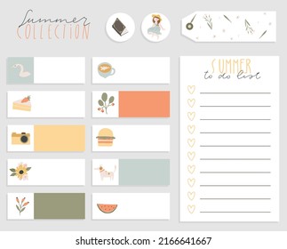 Cute Summer To Do List Template. Note Paper and Stickers Set with Flat Vector Illustrations in cartoon style. Good for Planners and Organizers. Organizer and Schedule with place for Notes.