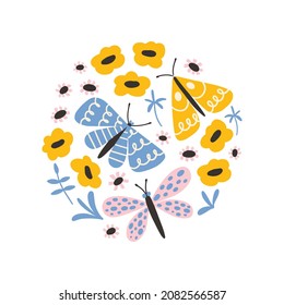 Cute summer doodle butterfly sticker print. Cute doodle hand drawn insects in trendy pastel colors. Sweet funny scandinavian butterflies for kids shirt. Delicate and trendy design.