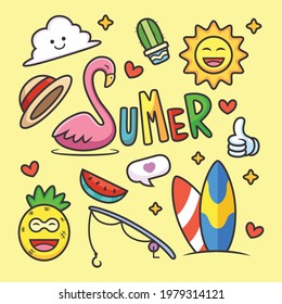 Caricatura de Doodle de verano. Ilustración de iconos vectoriales, aislados en vectores premium