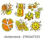 Cute Summer Doodle Collection with Watermelon Citrus Boombox Roller Skates and Smiling Sun Cartoon Vector Illustration Set