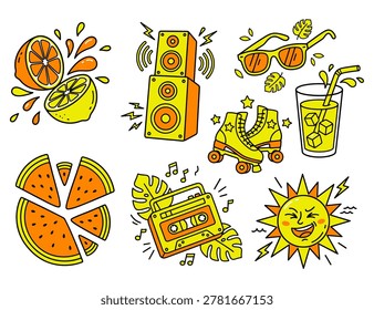 Cute Summer Doodle Collection with Watermelon Citrus Boombox Roller Skates and Smiling Sun Cartoon Vector Illustration Set Cute Summer Doodle Collection with Watermelon Citrus Boombox Roller Skates and Smiling Sun Cartoon Vector Illustration Set