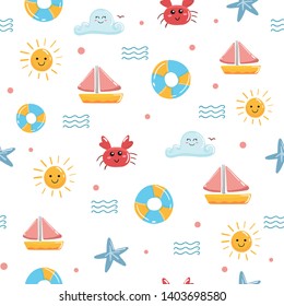 Cute Summer doodle seamless pattern background vector of ocean.