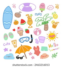 Cute Summer Doodle Set with Fun Beach Elements and Characters