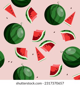 Cute summer drawing of fresh watermelons. Red slices of watermelon with seeds. Design of fabrics, textiles, decor. Vector illustration EPS10.