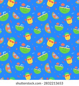 Cute Summer Drinks Seamless Pattern with Tropical Beverages and Fruits