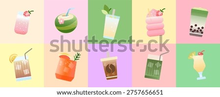 Cute Summer Drinks Vector Set, Gradient Beverage Collection with Matcha Bubble Tea, Iced Coffee, Coconut Drink, Lemonade, Smoothie and Tropical Cocktails. Sweet Colorful Refreshment Illustrations.