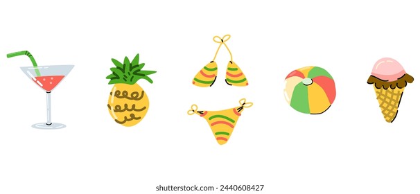Cute summer elements for beach or vacation. Vector illustration of cocktail, pineapple, ice cream, ball, swimsuit. Hand drawn vector illustration for border, stickers, labels. 