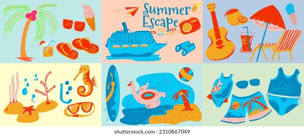 Cute Summer elements collage set bundle collection. Beach Party, vacation, swimming, surfing, diving