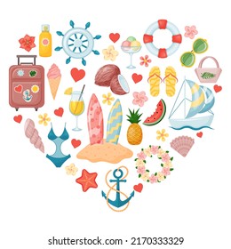 Cute summer elements in form of heart. Suitcase, fruit, drinks, palm leaves, swimsuit, flowers. Isolated on white. Vector illustration. Cartoon style. 