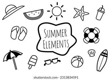 Cute summer elements outline vector. Watermelon, straw hat, sun, starfish, orange juice, life preserver, Surf board, shell, beach ball, Beach umbrella, glasses, stick ice cream, Flip flops 