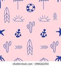 Cute summer elements seamless pattern in doodle style on pink background for summer fashion print, gift wrapping paper, wallpaper etc.