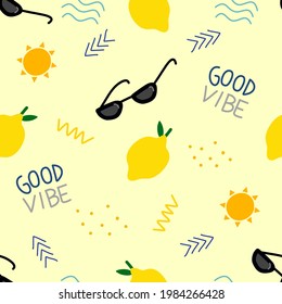 Cute summer elements seamless pattern in doodle style on yellow background for summer fashion print, gift wrapping paper, wallpaper etc.