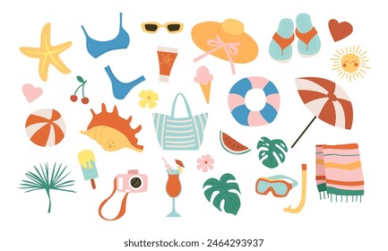 Cute Summer Elements Set: Swimsuit, Umbrella, Towel, Drink, Ice Cream. Bright Summertime Poster. Hand Dawn Vector Illustration.