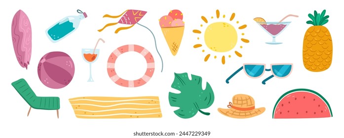 Cute summer elements. Vector surfboard and volleyball, beach chair and towel, water bottle and cocktail, lifebuoy and kite, ice cream and tropical leaf, sun and sunglasses, pineapple and watermelon