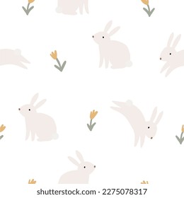 Cute summer farm animals print - vector seamless pattern. Illustration in flat style with hare 