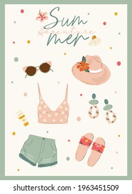 Cute summer fashion styling illustration. Perfect for cards, posters, stickers.