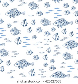 Cute summer fishes. Seamless vector pattern. Perfect for scrapbook paper, fabrics, web.