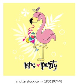 Cute summer flamingo is drinking a cocktail and the inscription Let's celebrate on a yellow background. Vector illustration badges