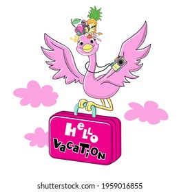 Cute summer flamingo is flying with a suitcase and the inscription hello vacation. Vector illustration for t-shirt design, decor