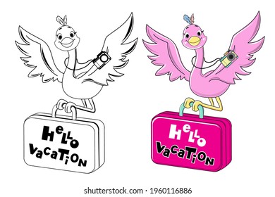 Cute summer flamingo is flying with a suitcase. Vector illustration in color and black and white one line isolated. Coloring book for children travel concept