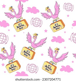 Cute summer flamingos are flying with a suitcase and the inscription summer time seamless pattern. Vector illustration travel items. Art for children