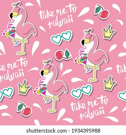 Cute summer flamingos and take me to hawaii lettering seamless pattern. Vector illustration of cute summer animals. Design for t-shirts, greeting card
