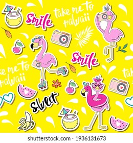 Cute summer flamingos and take me to hawaii lettering seamless pattern. Vector illustration of cute summer animals. Design for t-shirts