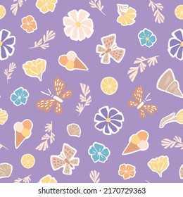 Cute summer flat illustration of butterflies, ice cream, lemons, seashells, flowers and leaves. Seamless vector pattern for fabrics, wallpapers, wrapping paper in gentle purple color.