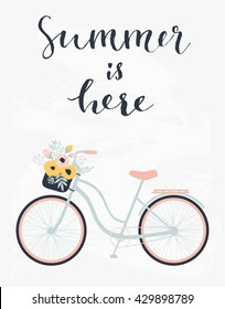 Cute summer floral card template "Summer is here". Perfect for invitation, scrapbooking, web, card, blog, sale, calendar cover, notes and many other. Vector illustration