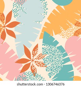Cute summer floral pattern with leaves, circles, dots and hand drawn flowers on beige background.Trendy hand drawn texture for paper, wallpaper, cover, fabric, Interior decor 